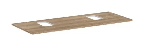 Konsole mit zwei Ausschnitten, geeignet für Aufsatzwaschtisch. Oberfläche in Holzoptik. Produkt von Hansgrohe.